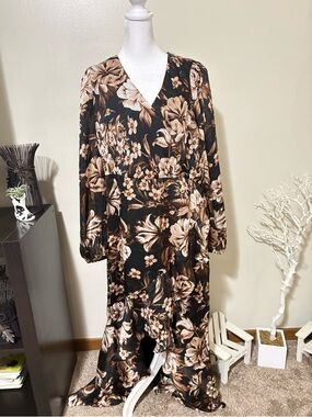 Express.Floral Wrap Maxi Dress - Black and Brown